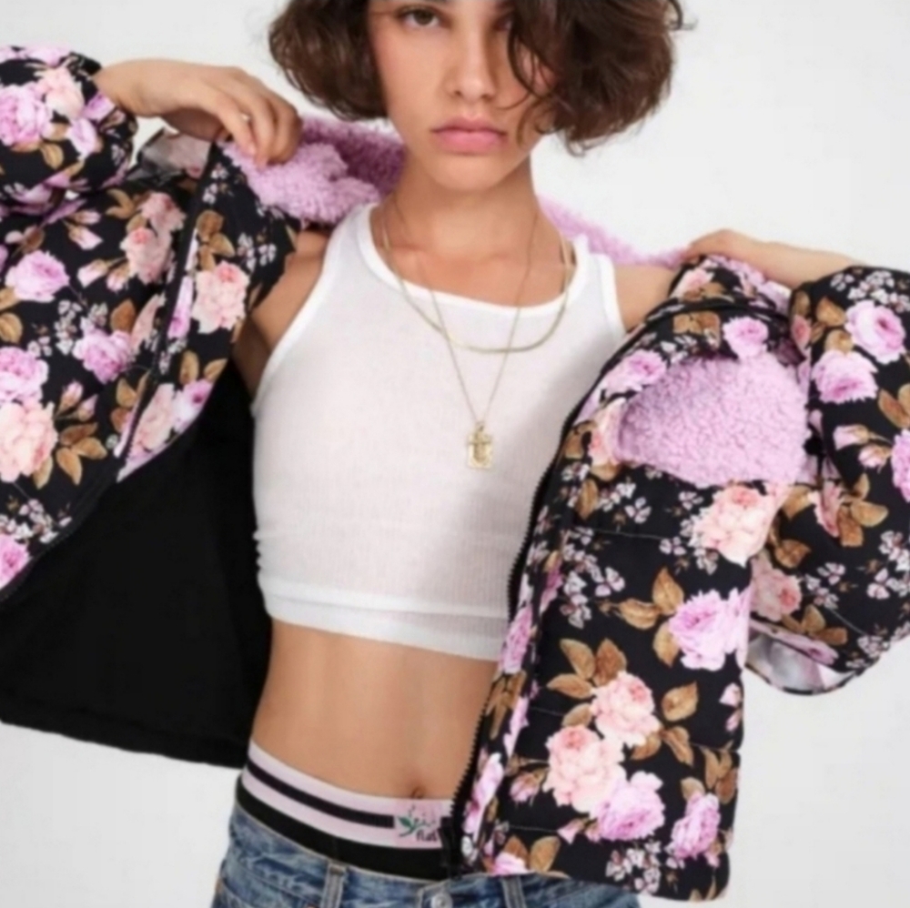 New!For Love And Lemons Black and Pink‎ Floral Puffer Jacket
